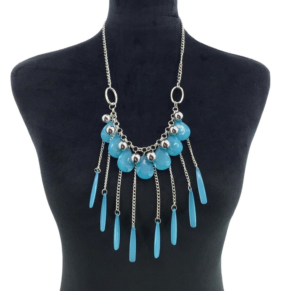 Teardrop Beaded Chain Fringe Necklace 24 Inch Length Blue Silver Tone